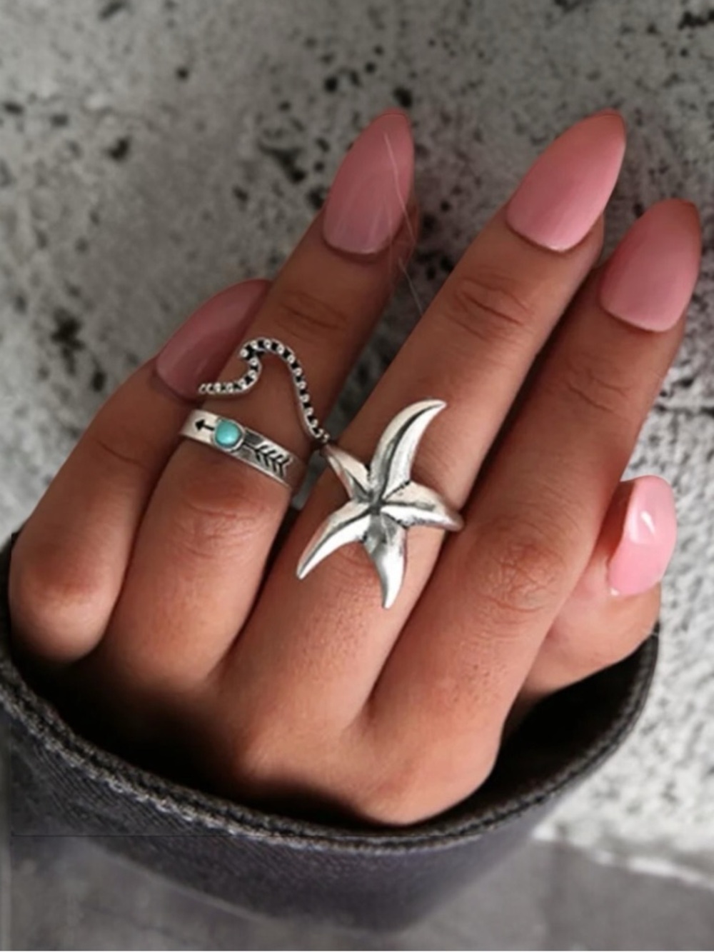 Turquoise Western Ring Set Starfish Wave Arrow Silver Adjustable Coastal Cowgirl